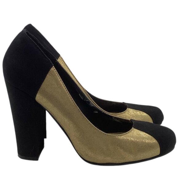 MICHAEL ANTONIO Color Block Gold Black Chunky Block Heels 7 Pumps Retro 80s 90s - Picture 2 of 7